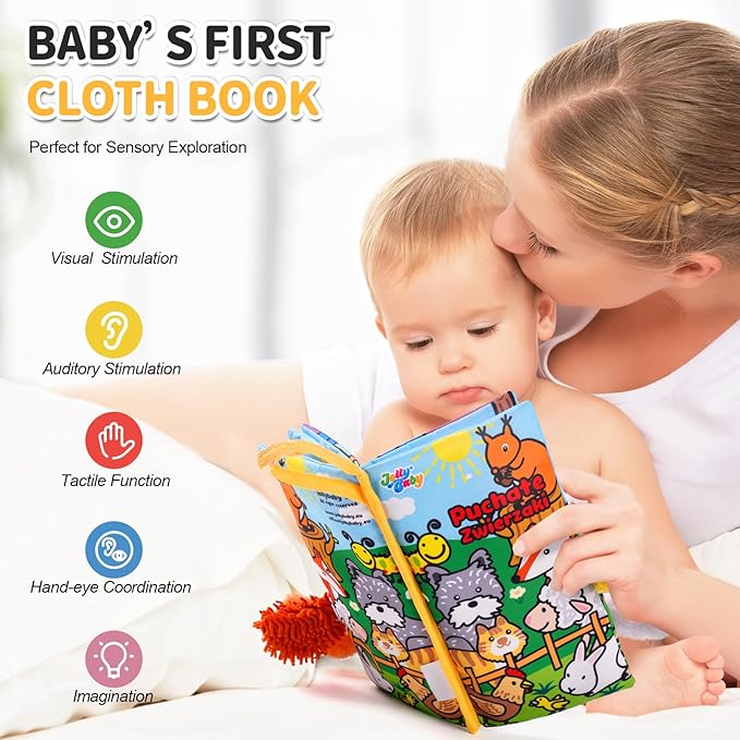 Jollybaby Baby Cloth Books, Touch & Feel Crinkle Soft Books, for Infants Babies, Toddler Early Educational Interactive Stroller Toys, Baby Girl & Boy Gift(Plush Tails)