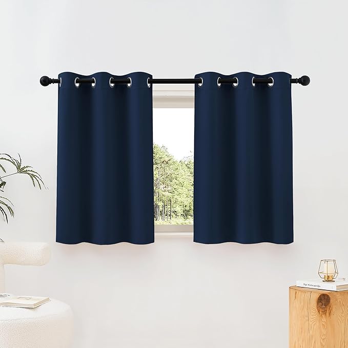 NICETOWN Room Darkening Curtains Blackout 40 inch Curtains for Kitchen, Navy Blue Grommet Solid Window Treatments Sound Reducing for Bedroom, 2 Panels, W37 x L40, 2 Panels