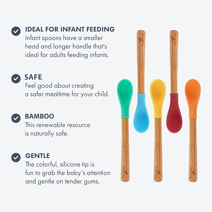Avanchy Bamboo & Silicone Infant Training Spoons, BPA Free - Soft Tip, Easy on Gums, First Stage Feeding Utensils for Baby-Led Weaning, Self-Feeding, Green