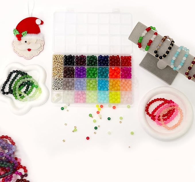 JULIMAIDONG 8mm Glass Beads for Bracelets 1000pcs, 24 Colors Round Crystal Glass Bracelet Beads Making Kit for Jewelry Making Kits Bead DIY Crafts with Spacer Charms Accessories (8MM, 24 Color)