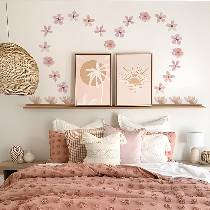 YouRfocus Daisy Wall Decals | 36 PCS Boho Flower Stickers for Girls' Rooms, Playrooms, and Nurseries | Dual Layer Print for High Coverage | Removable Peel and Stick Wall Decor (Pink-A) | 6 Sheets
