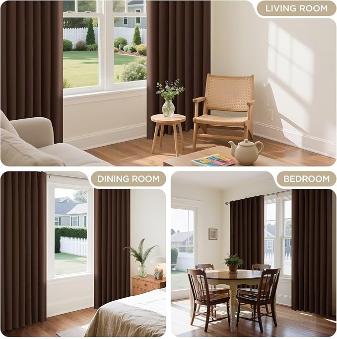 Joydeco 72 Inch Blackout Curtains for Bedroom, Thermal Insulated Black Out Curtains, Room Darkening Drapes for Living Room Window Rod Pocket Back Tab (W52 x L72 Inch, Brown)