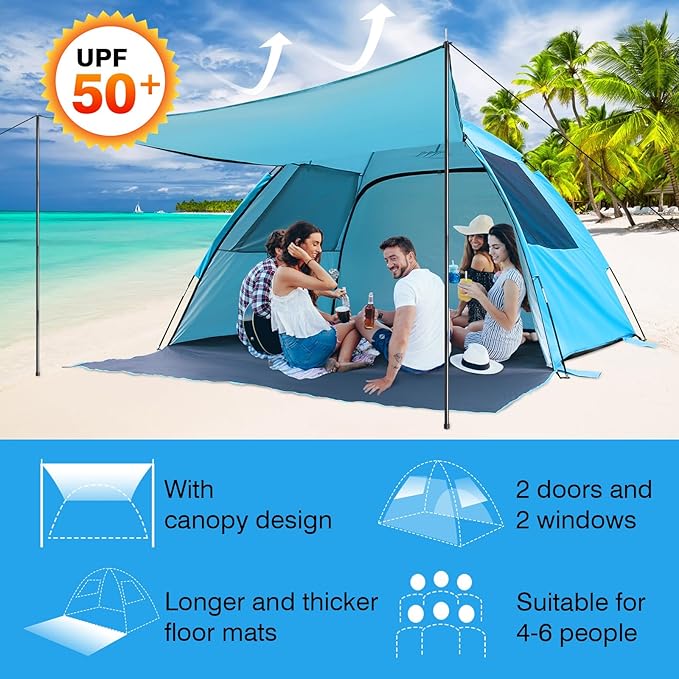 DLUCKY Beach Tent for 1/2/3/4/5/6 Person,Anti-UV Portable Sun Shade ShelterUPF 50+,Both Sides Extendable Floor,Extendable Awning,with 2 Ventilating Mesh Windows,Lightweight & Easy Setup.