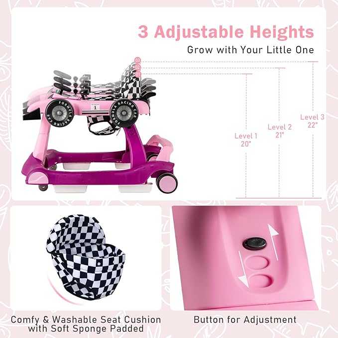BABY JOY 4-in-1 Baby Walker, Foldable Activity Walker with Adjustable Height & Speed, Music, Lights, Steering Wheel, Comfy Seat Cushion, Activity Baby Push Walker for Boys Girls Aged 6 –18 (Purple)