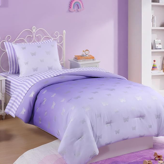 Twin Comforter Set with Sheets for Girls-5 Pieces Twin Bedding Sets with Purple Comforter, Sheets, Pillowcase & Sham for Kids (Purple Butterfly, 66" X 86")