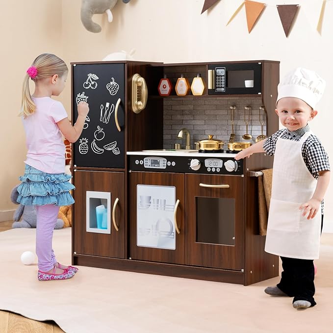 HONEY JOY Kids Kitchen Playset, Wooden Little Chef Pretend Toy Kitchen Set w/Chalkboard, Telephone, Utensils, Oven, Microwave, Sink, Storage, Play Kitchen for Toddlers Boys Girls, Espresso
