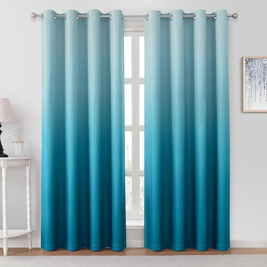 HOMEIDEAS Turquoise Ombre Blackout Curtains 52 X 84 Inch Length Gradient Room Darkening Thermal Insulated Energy Saving Grommet 2 Panels Window Drapes for Living Room, Bedroom