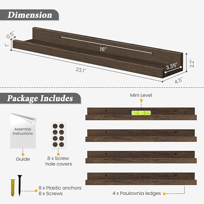Forbena Rustic Picture Ledge Shelf Set of 4, Floating Picture Shelves for Wall with Lip, Wood Photo Ledge Shelves for Bedroom, Living Room, Office, Wall Decor (23.1 Inch Wide, Dark Brown)