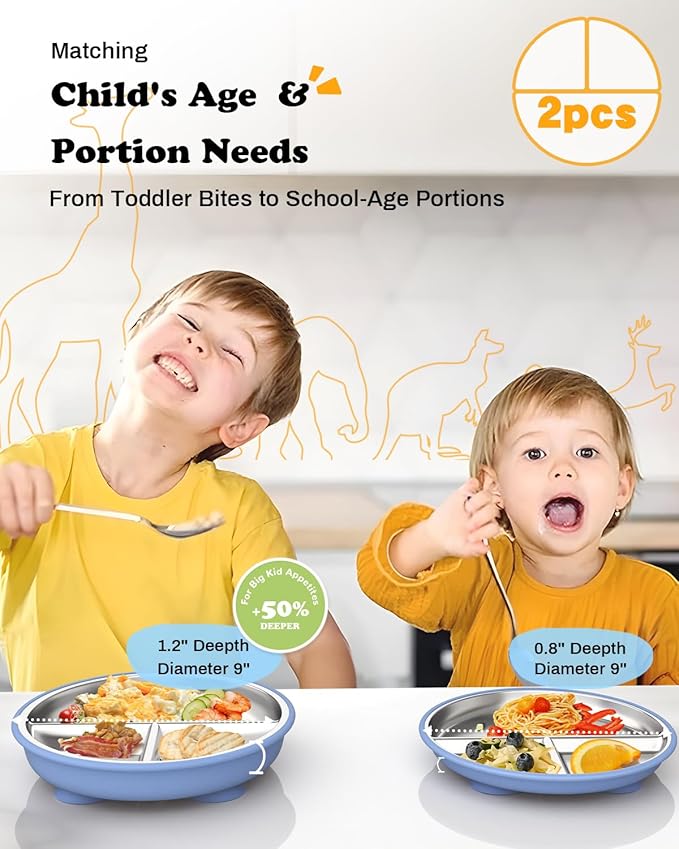 Stainless Steel Toddler Suction Plate with Lid, Deeper 9" Divided Plates with Removable Silicone Sleeves for Kids, Non Toxic & BPA Free | Unbreakable Baby Snack Dishes Set of 2, Blue & Gray