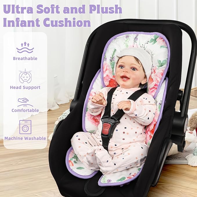 Pea Pod Infant Car Seat Insert 2-in-1 Baby Car Seat Head & Body Support for Newborn Girl Reversible 3 Layer Warm Preemie Carseat Stroller Cushion Headrest with Soft Minky Dot Fabric, Pink Floral