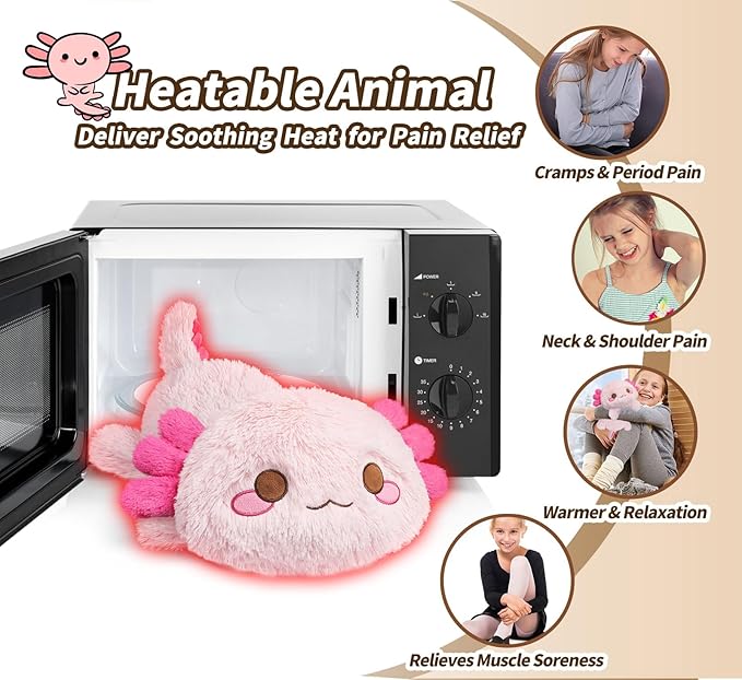 Cuckool Pink Axolotl Stuffed Animals, Microwavable Stuffed Animals Heating Pad for Cramps, Pain Stress Relief, Heatable & Coolable Lavender Scented Plush Toys for Anxiety, Women & Kids Bedtime