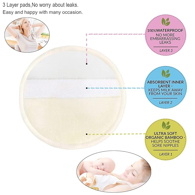 PINOWU Nursing Pads -10 Washable Pads + Wet Bag + Wash Bag, Breastfeeding Nipple Pads (Large 4.7")
