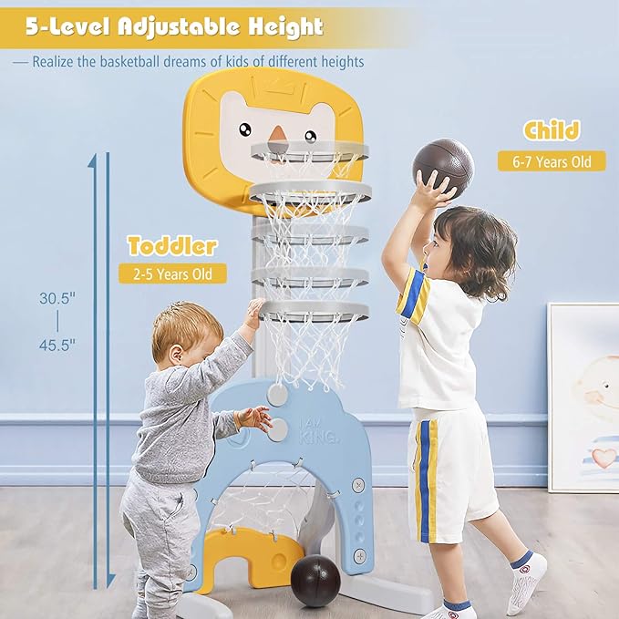 Costzon Kids Basketball Hoop, Toddler Sports Activity Center w/ 5 Adjustable Height Levels, Basketball Soccer Golf Game Set, Indoor Outdoor Basketball Hoop Set Gift for Baby Infant