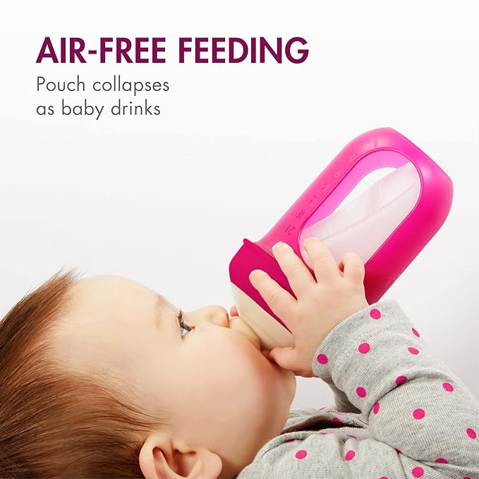 Boon Nursh Reusable Silicone Pouch Baby Bottles - Medium Flow Nipple - Silicone Baby Bottle Pouch and Nipple - Baby Feeding Essentials - Pink - 3-6 Months - 3 Count - 8 Ounce
