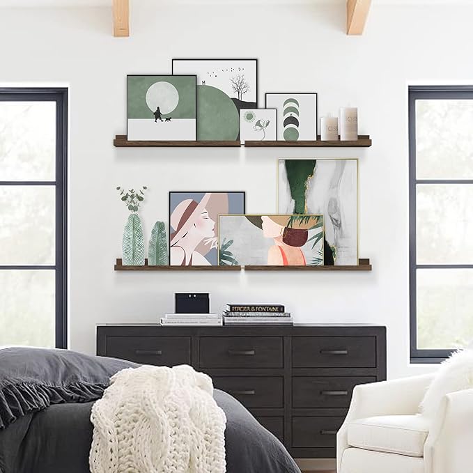 Forbena Rustic Picture Ledge Shelf Set of 4, Floating Picture Shelves for Wall with Lip, Wood Photo Ledge Shelves for Bedroom, Living Room, Office, Wall Decor (23.1 Inch Wide, Dark Brown)