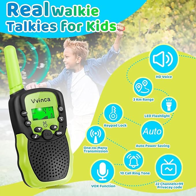 Vvinca Walkie Talkies for Kids, Rechargeable Toys for Ages 3 4 5-7 8-12 Year Old Boys Girls with Flashlight 22CH 2 Way Radio, 3 KM Long Range Walkie Talkie for Adventure Game Camping