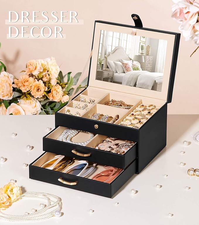 Black Jewelry Box Organizer: Home Decor for Women - 2-Drawer Holder for Valentine’s Day Birthday Christmas Black Pink