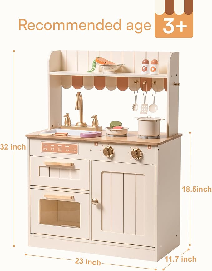 ROBOTIME Play Kitchen for Kids Toddlers, Wooden Pretend Play Kitchen Set Toy with Cutting Food Set, Toys Kitchen Gift for 3+ Year Old Kids, Girls & Boys