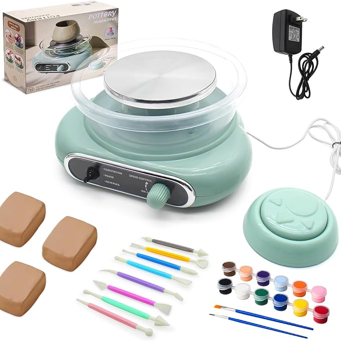 Hitish Mini Pottery Wheel, 4.7" Pottery Wheel for Kids Teens & Adults Beginners, Plug-in Motor, 1.32Lb Air Dry Clay, Crafts Kit for Home DIY, Ceramic Work & Art Creation, Clay Tools Included