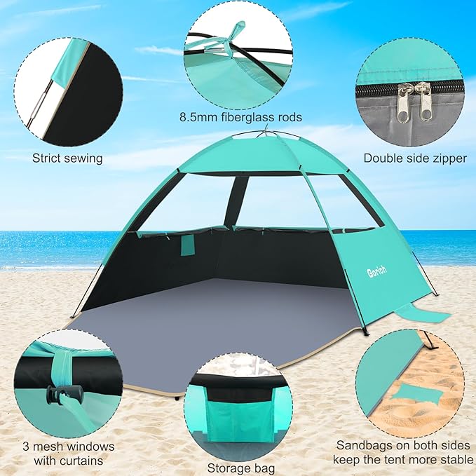 Gorich Beach Tent Sun Shelter for 3/4-5/6-7/8-10 Person with UPF 50＋ UV Protection, Lightweight & Easy Setup Beach Shade Canopy, Portable Beach Shade Tent Beach Cabana