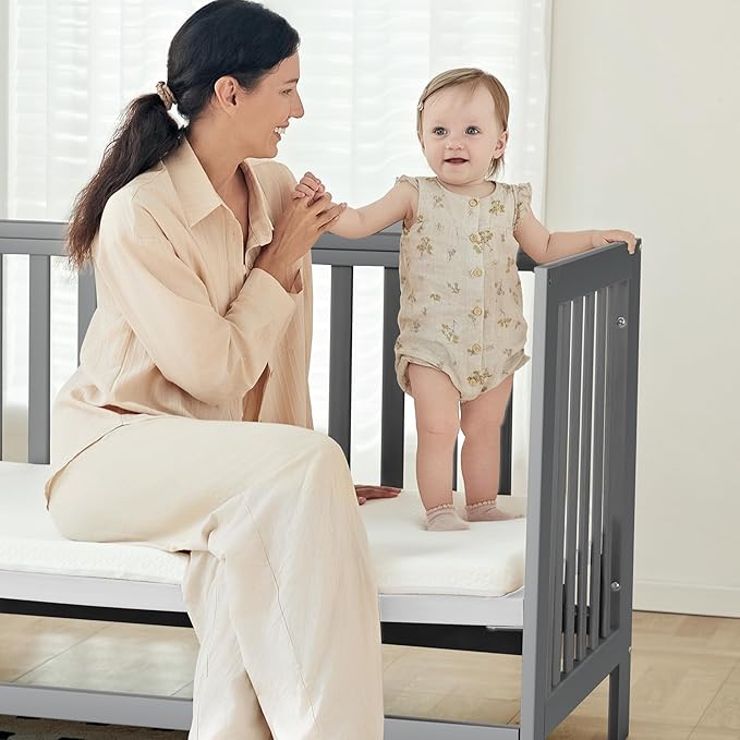 EvoNest Baby Crib, 6 in 1 Convertible Mini Crib with Wheels, 100% New Zealand Pinewood Growing Bed, 4 Adjustable Mattress Height，Washed Natural (Grey)