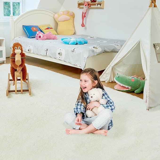 Ultra Soft Rug for Living Room, 8X10 Fluffy Shag Area Rug for Bedroom, Modern Shaggy Carpets Fuzzy Rug for Teens Dorm Nursery Home Decor Aesthetic, Upgrade Anti-Skid Durable, Cream White