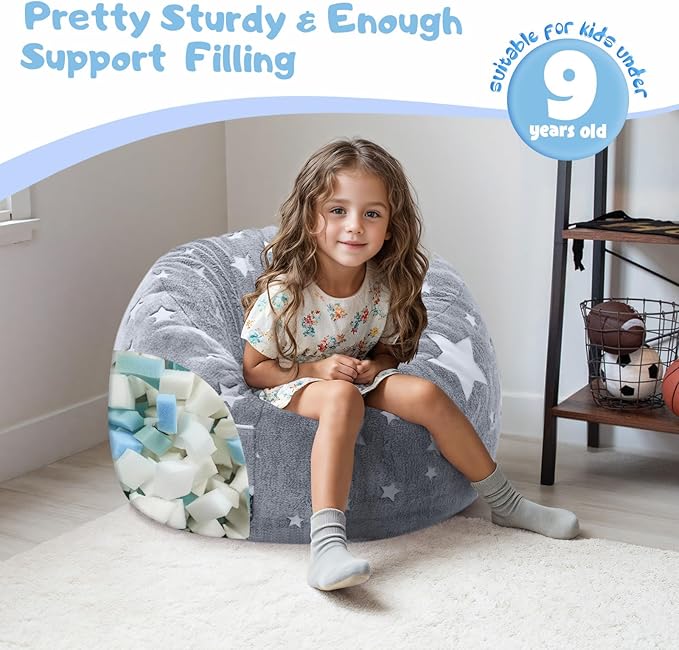 COMAX Kids Bean Bag Chair Turn into Beanbag Bed, Unicorn Toddler Bean Chair for Girl Boy Sleeping, Lazy Children Sofa Couch with Filler, Convertible Child Floor Mattress, Glowing Grey Star
