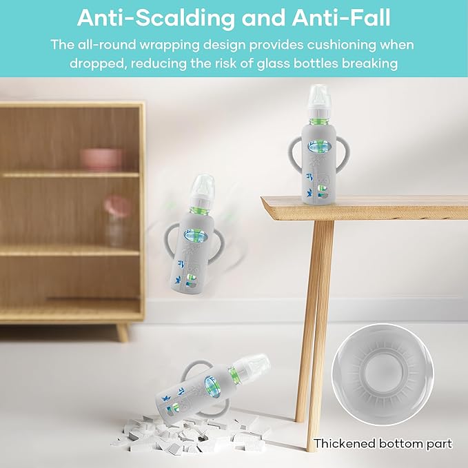 2 Pack Silicone Sleeves for Dr. Brown's Glass Baby Bottles, Anti Breakage Durable Baby Bottle Holder with Easy Grip Handles, Narrow Sleeve with a Cutout, Dishwasher/Freezer/Microwave Safe, 8 oz