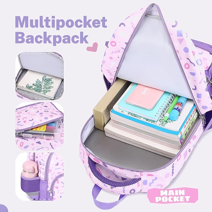mygreen 3PCS Kids Backpack Set - Waterproof Bookbag with Lunch Box for Girls Ages 3-12, Adorable Cartoon Prints for School & Outdoor Use Purple Unicorn