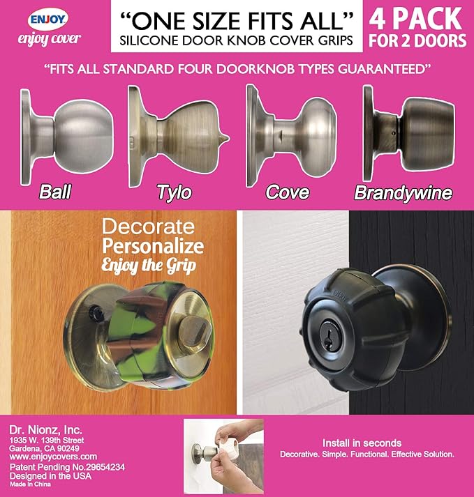 Enjoy Cover New Silicone Door knob Grips Maximum Grip Nonslip Arthritis & Senior Living Aids Grippy Easy Open Fits All Door Knob Universal Size 4 Pack