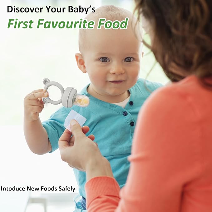 JEXFUN Baby Fruit Food Feeder & Mini Freezer Nibble Tray Combo, Breastmilk Popsicle Molds for Baby Cooling Relief, BPA Free Silicone Feeder for Safe Infant Self Feeding, 4 Month+ (Light Grey)