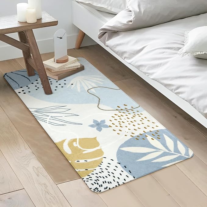 Lahome Boho Rug Runner - 2x4 Area Rug Non-Slip Washable Soft Bathroom Runner Rug Small Throw Long Bath Rug Blue Kitchen Runner, Botanical Print Foor Mats Runner Rug for Bedroom Hallway Laundry Room