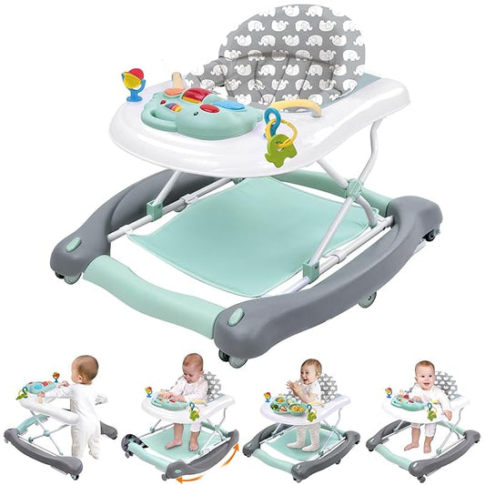 Foldable Baby 5-in-1 Activity Walker - Rocker, Activity Center, Bouncer, Seat Walker, Push Walker - Adjustable Speed Rear Wheels and Height Toys Ages 6-18 Months… (Mint Green)