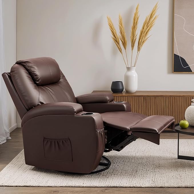 Recliner Chair, 360° Swivel Rocker Chair for Adults, Rocking Recliner Chair with Massage, Comfy Single Sofa with Side Pockets Cup Holders for Living Room, Bedroom, Nursery (Leather, Dark Brown)