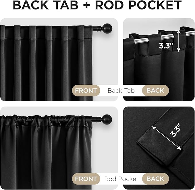 Joydeco 72 Inch Blackout Curtains for Bedroom, Thermal Insulated Black Out Curtains, Room Darkening Drapes for Living Room Window Rod Pocket Back Tab (W37 x L72 Inch, Black)