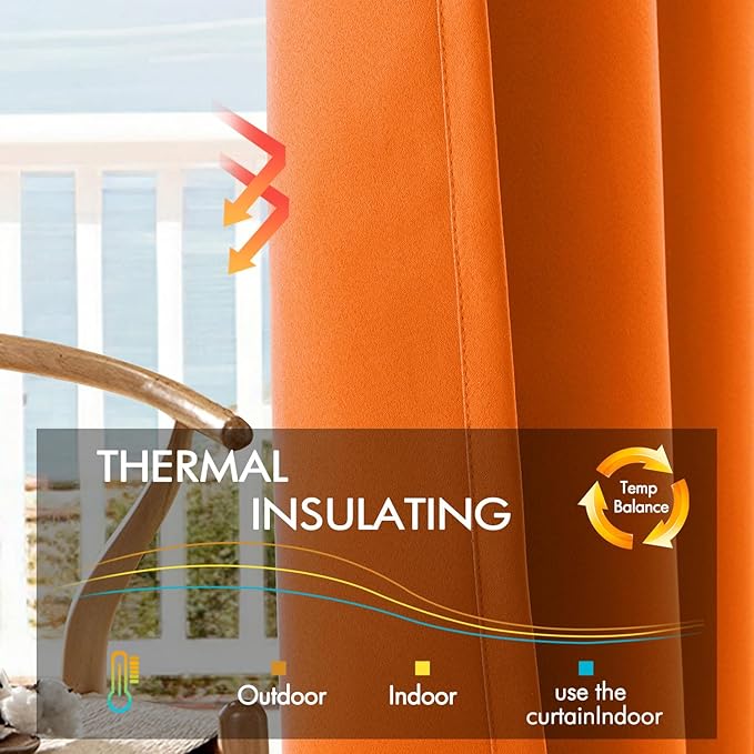 ANRODUO Back Tab Blackout Curtains for Bedroom Living Room, Rod Pocket Pinch Pleated Thermal Insulated Room Darkening Curtains 63 Inches Long 2 Panels, Orange, 42 x 63 Inch