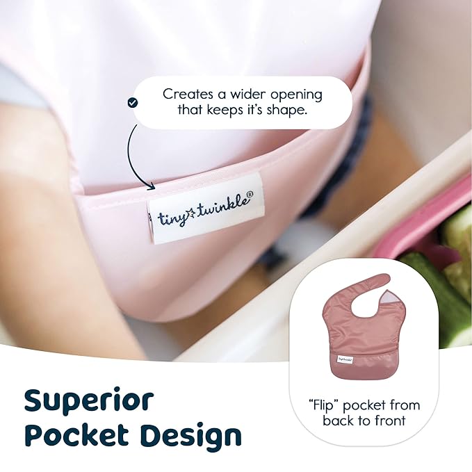 Tiny Twinkle Mess Proof Baby Bibs for Eating - Waterproof, Wipeable Bibs - Toddler Bibs - Travel Friendly - PFAS, PVC, BPA, Phthalate Free - Baby Food Bibs (3 Pack,Sage,Taupe, Dandelion)
