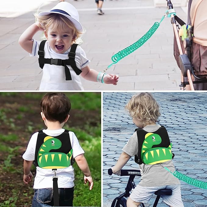 Accmor Toddler Harness Leash + Anti Lost Wrist Link, Cute Dinosaur Kids Harness with Leash, Adorable Child Harness Leash Wristband Strap Belt Protector for Baby Boys Girls to Outdoor Travel