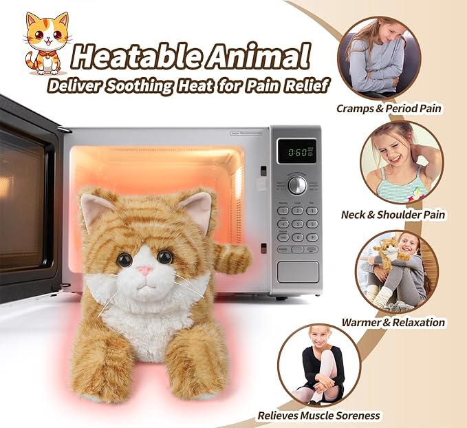 Orange Tabby Cat Stuffed Animals, Microwavable Stuffed Animal Adorable Fluffy Cat Plush for Warmth & Comfort, Heatable & Coolable Lavender Scent Cat Toys, Cute Soft Plushies Cat Gifts for Kids & Adult