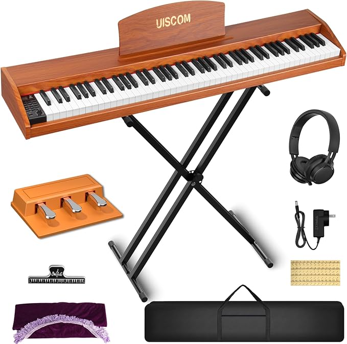 88 Key Digital Piano Keyboard for Beginners - Full Size Semi Weighted Wooden Electric Piano Set with Stand, Triple Pedal, Headphone,Carry Bag - Supports USB-MIDI Connecting (Wood Grain Brown)