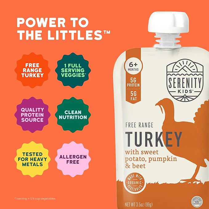 Serenity Kids 6+ Months Turkey Puree Baby Food Pouches - Ethically Sourced BPA-Free Pumpkin Puree & Organic Veggies - 3.5 Oz, 12 Pack