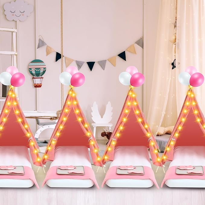 Windyun 4 Pack Kids Teepee Tent for Slumber Party with Mattress and Lights, Sleepover Tents for Girls Boys Indoor Outdoor Cotton Teepee for Kids with Airbed Tray Blanket Birthday Party Supplies(Pink)