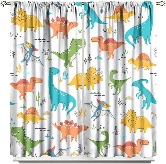 Kids Dinosaur Curtains for Boys Girls Bedroom Decor Cartoon Dino Colorful Cute Funny Animal Wildlife Printed Blackout Rod Pocket Window Drapes for Baby Nursery Playroom Living Room W21xL45in Decor