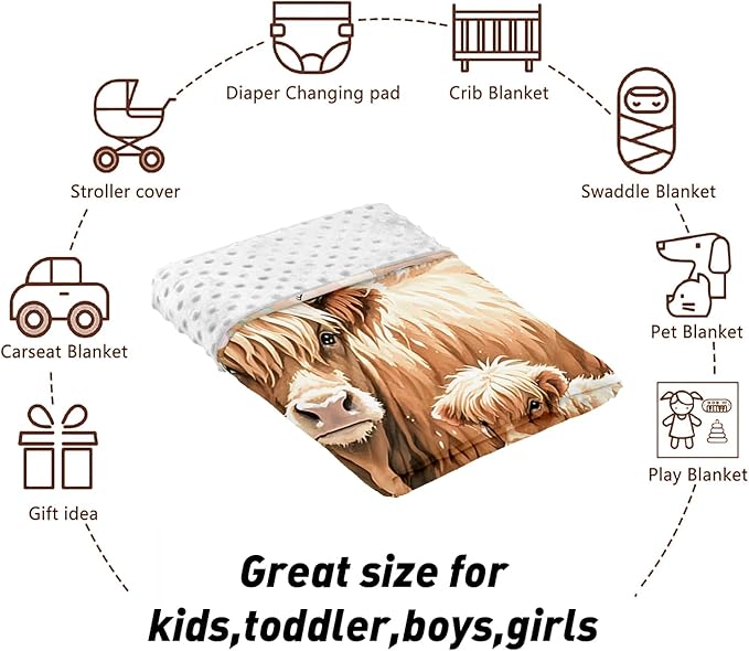 Custom Name Crib Bedding Set - Flower Highland Cow Pattern, Personalized Nursery Bedding 3-Piece Set– Soft Blanket, Fitted Sheet, Changing Pad Cover – for Newborns Girls Nursery Gifts