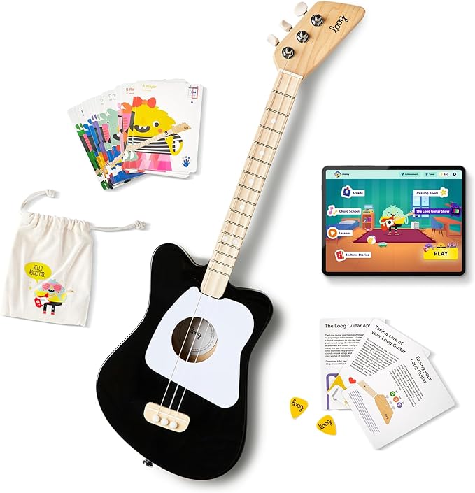 Loog Mini Acoustic kids Guitar for Beginners 3-strings Ages 3+ Learning app and lessons included Black