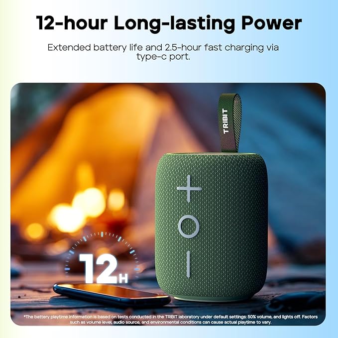 Tribit Portable Bluetooth Speaker StormBox Mini+, 12W Shower Speaker with 360°Surround Sound, 12H Playtime, Custom EQ, BT5.4, IPX7 Waterproof, RGB Lights, Type-C, AAC/SBC, TWS, Party/Beach/Gift (Blue)