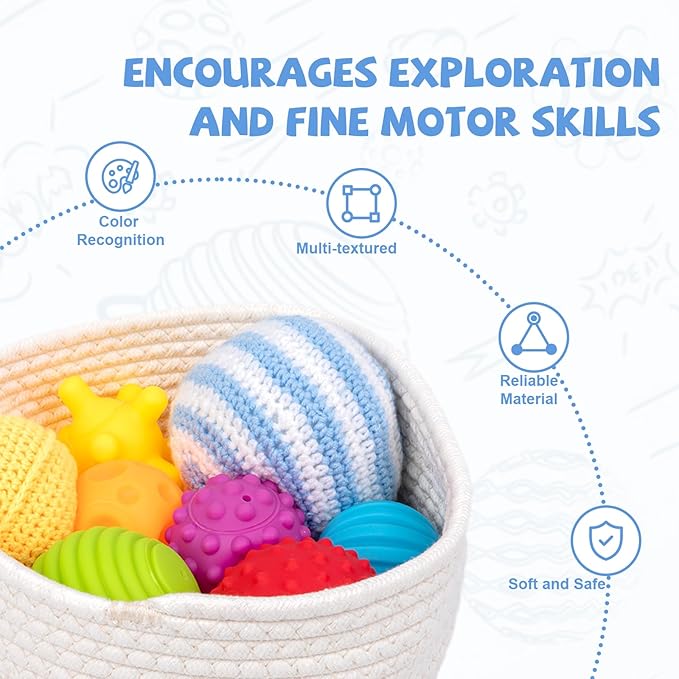 Adena Montessori 8 Pack Sensory Balls for Toddlers 1-3,Sensory Baby Toys 6-12 Months,Infant Educational Squeeze Sensory Toy Soft Multi Ball Set Gifts with Bright Color Textured with White Woven Basket