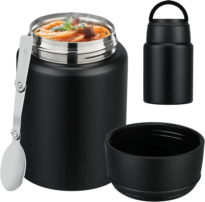 Soup Thermo for Hot Food Kids 16oz Insulated Food Jar Leakproof Thermo Lunch Container for Kids Wide-Mouth Stainless Steel Lunch Box for School with Handle Folding Spoon(3+)