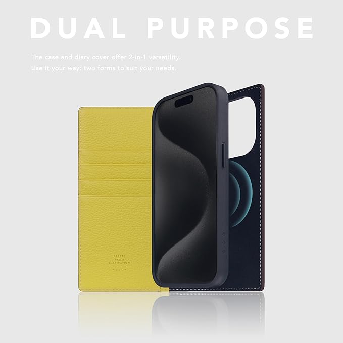 D8 Neon Full Grain Leather Wallet Case for iPhone 15 Pro - [2-in-1] Handcrafted Detachable Diary Style with Magnetic MagSafe Back Cover, Gift Box Included (Lemon)