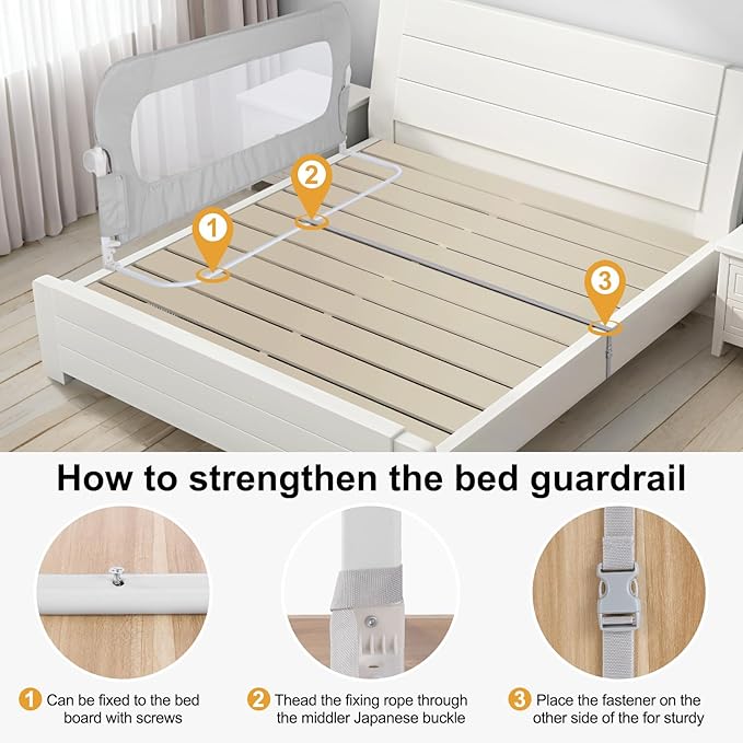 Bed Rail for Toddlers,Swing Down Kids Bed Rails Guard for Twin,Full,Queen,King,Bunk Size Bed,Extral Tall Child Bed Rail Guard with Reinforced Anchor Safety System (Grey, 59inch,1 Side)